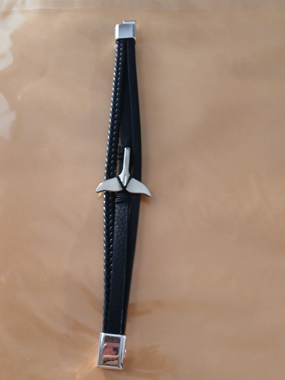 Black Leather Braided Bracelet with Silver Anchor Accent